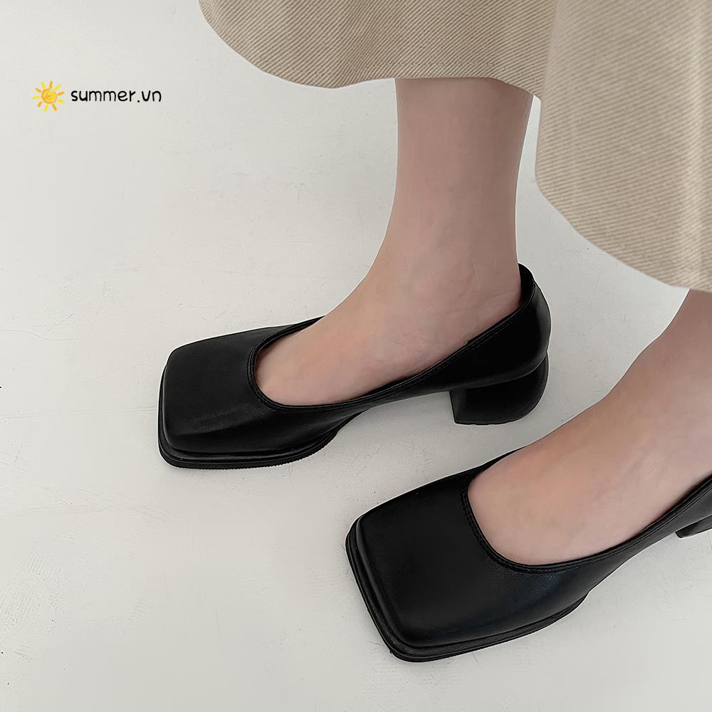 Giày Da Cao Gót Mũi Vuông Phong Cách Anh Quốc Thời Trang Mùa Thu 2022