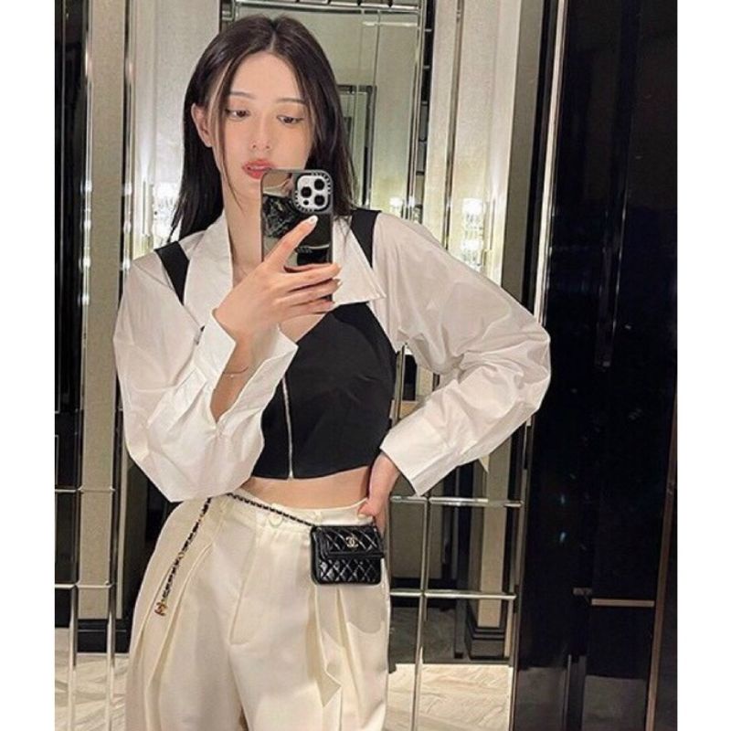 Áo sơ mi CROPTOP trắng phối đen Khoá kéo cực chất