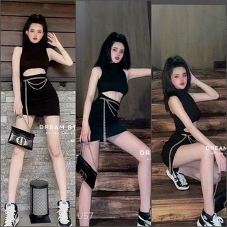 Đầm Khoét Eo Phối Xích Thời Trang Nữ
