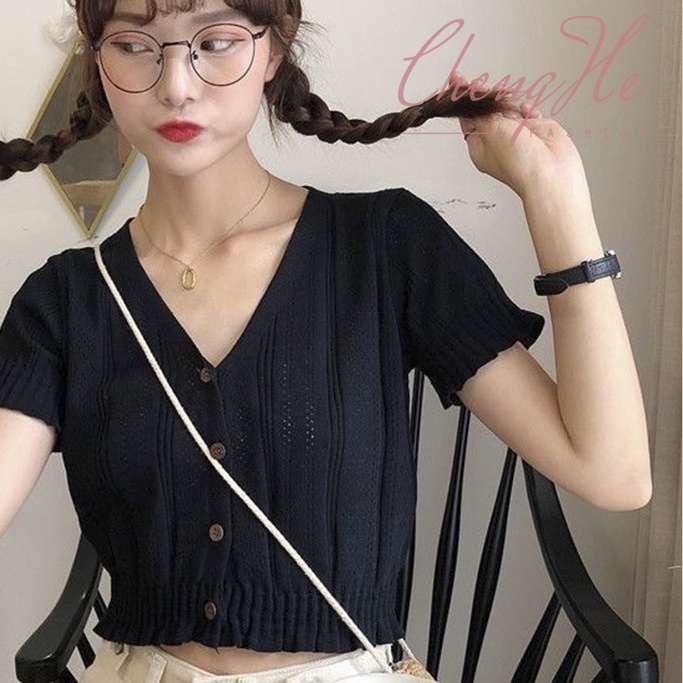 Áo croptop dáng lửng hở eo cộc tay cổ V ôm dáng jennie/ black pink siêu xinh A00013