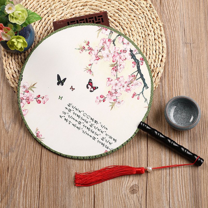 Quạt tròn cổ trang HAI MẶT ĐÀO THẾ MAI MẪU ĐƠN ĐỎ gắn tua rua quạt cầm tay cosplay xinh xắn
