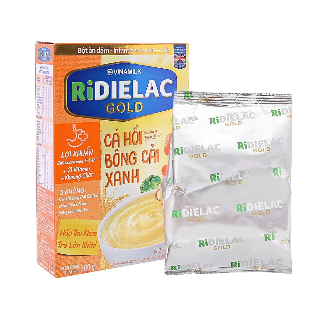 Bột ăn dặm Vinamilk Ridielac Gold cá hồi bông cải xanh hộp 200g (7 - 24 tháng)