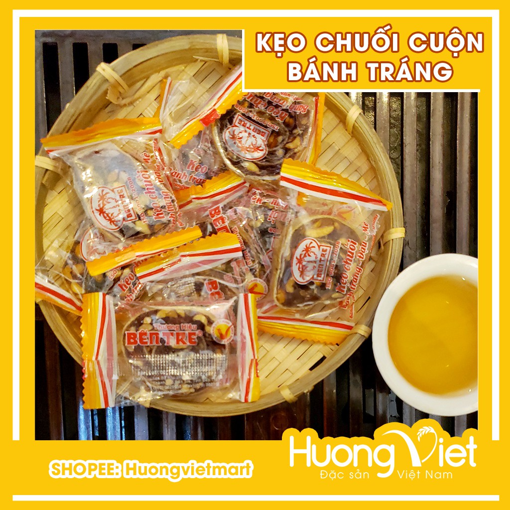 Kẹo chuối cuộn bánh tráng Bến Tre 450g, kẹo chuối cuộn bánh tráng đậu mè thương hiệu Hai tỏ Bến Tre