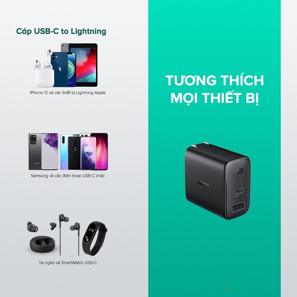 Cốc Sạc Nhanh Aukey 20W PA-F1S, PA-F3S 32W(PD 20W+12W),Cáp Sạc Nhanh CB-CL1(1.2m),Cho iPhone 13 Pro Max 12 11 Xs 8 Va