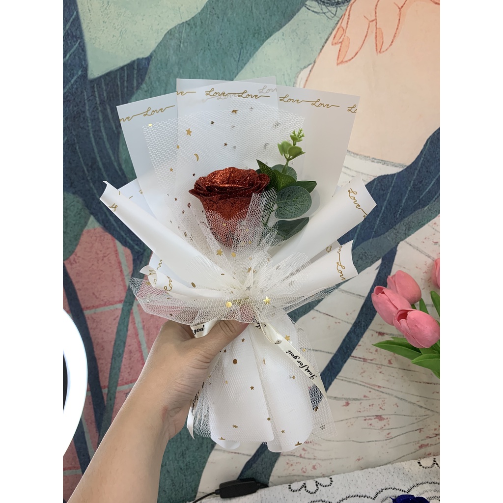 Bó 1 bông hoa sáp nhũ xanh dương, nhũ đỏ, tím, quà tặng hoa nhỏ xinh