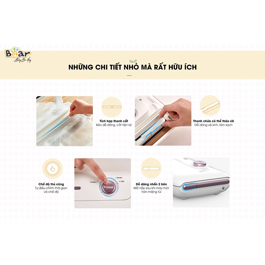Máy hút chân không Bear A01F1  mini cầm tay 4 tính năng giúp bảo quản thực phẩm lâu Tặng kèm 30 túi, BH 18 th