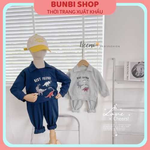 Sét bộ cho bé, bộ thu đông cotton Beemo cổ Polo in hình khủng long siêu cute cho bé, hàng chuẩn loại 1