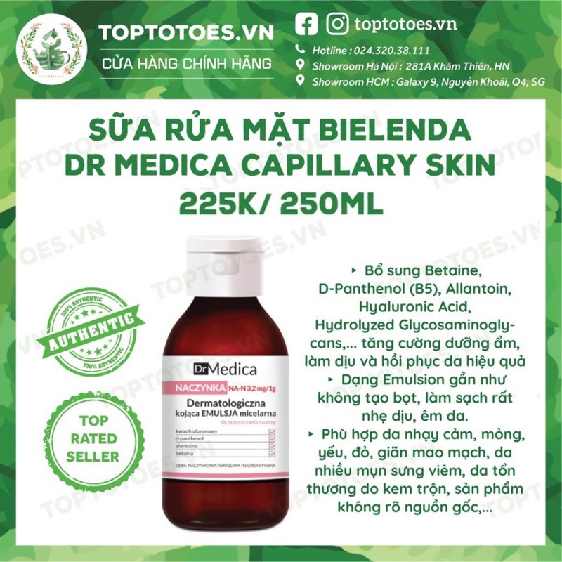 Sữa rửa mặt Bielenda Dr Medica Capillaries Soothing Micellar Emulsion giảm mẩn đỏ, dị ứng, kích ứng, giãn mao mạch