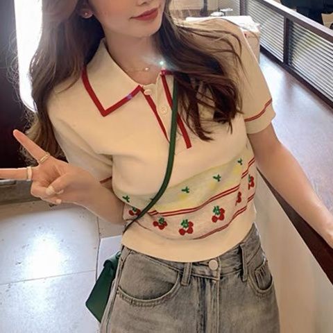 Áo Dệt Kim Tay Ngắn Cổ Bẻ Phong Cách Retro Dành Cho Nữ