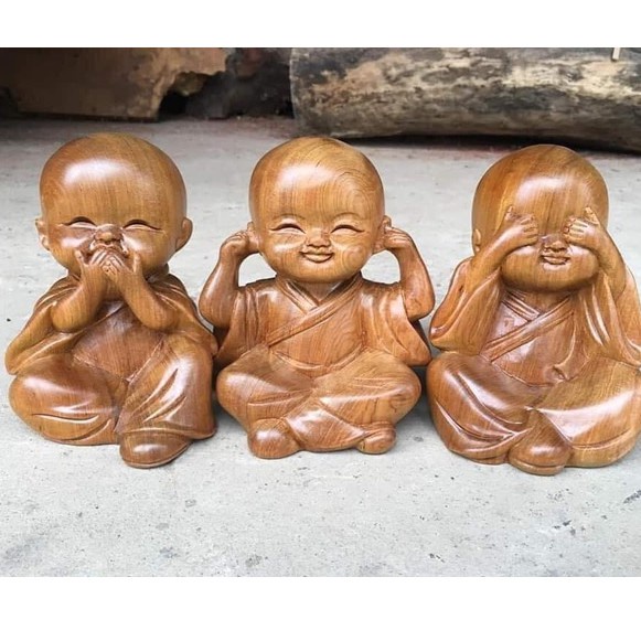 Bộ Tượng Chú Tiểu Tam Không Làm Bằng Gỗ Nguyên Khối Để Văn Phòng, Taplo Ô Tô