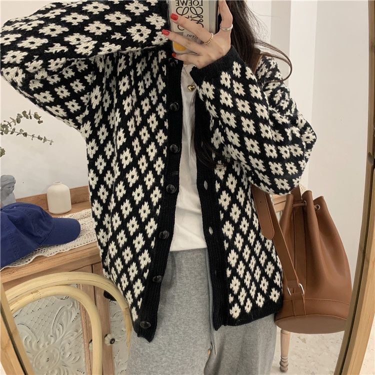 Áo Khoác Cardigan Dệt Kim Tay Dài Dáng Rộng Đính Đá Phong Cách Retro Hàn Quốc