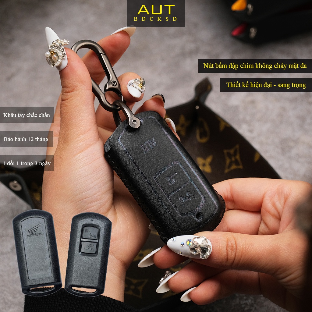 Bao da bảo vệ chìa khoá Smartkey AB Air Blade Honda Lead Vision Vario Click da bò khâu tay ABKV AD có tay cầm mẫu mới