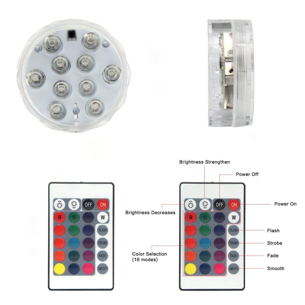 Waterproof Swimming Pool Light with Remote Control,10 LED Submersible Lights,Battery Operated Light Party Decor