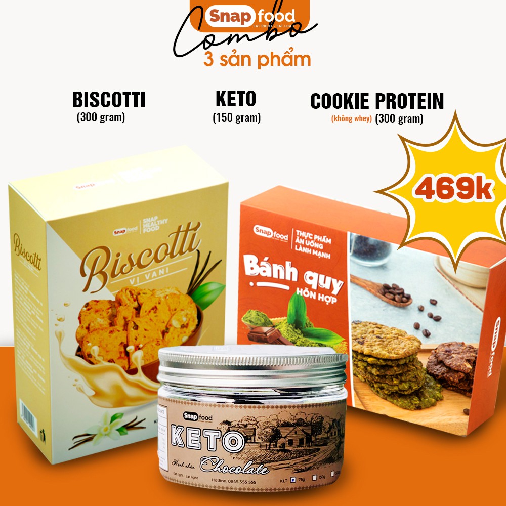 TRIPPLE COMBO 2 - Bánh quy Protein không whey & Biscotti & Bánh quy KETO hạnh nhân GIẢM CÂN - Snap Food