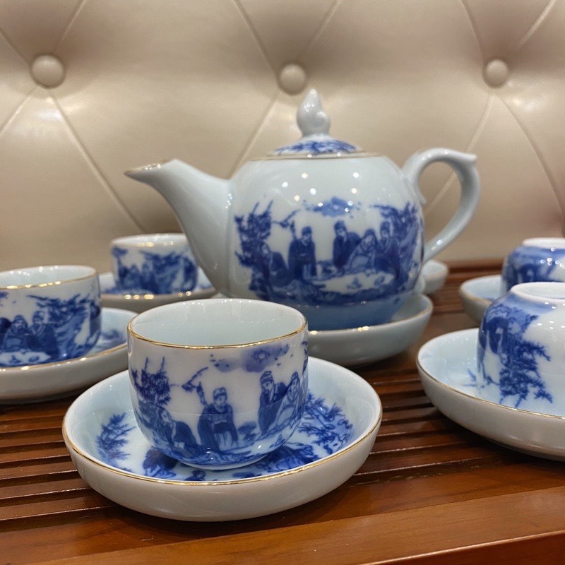 Bộ ấm trà, ấm chén giả cổ men lam đánh chỉ vàng vẽ Trúc Lâm Thất Hiền cao cấp Bát Tràng