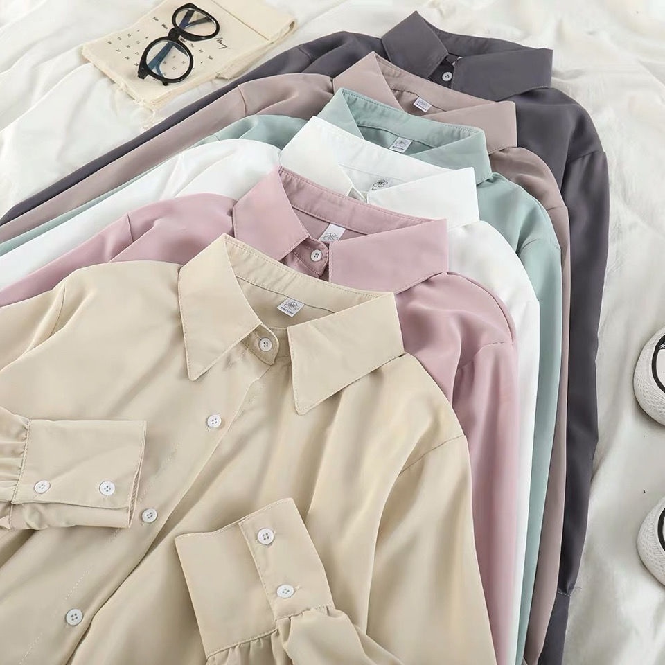 Áo Sơ Mi Tay Dài Dáng Rộng Màu Sắc Đơn Giản Cho Nữ