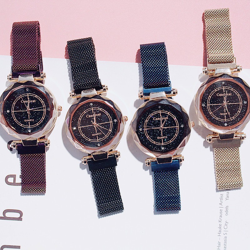Đồng hồ nữ Candycat10 dây lưới thép không gỉ khóa nam châm mặt tròn Bán lẻ giá sỉ