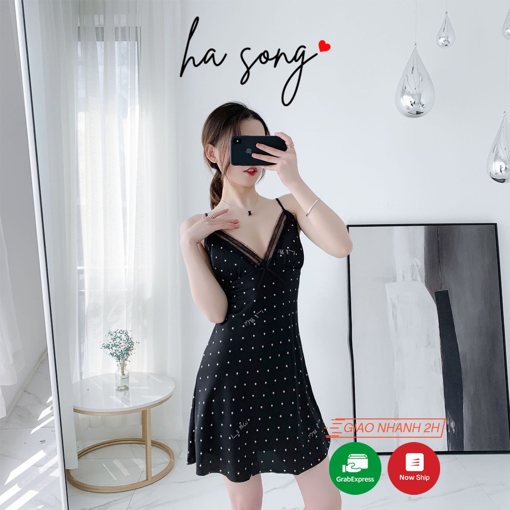 Váy ngủ 2 dây chấm bi 172 - Ha Song Shop đồ ngủ sexy chất lụa gợi cảm form chuẩn tôn dáng cho nữ