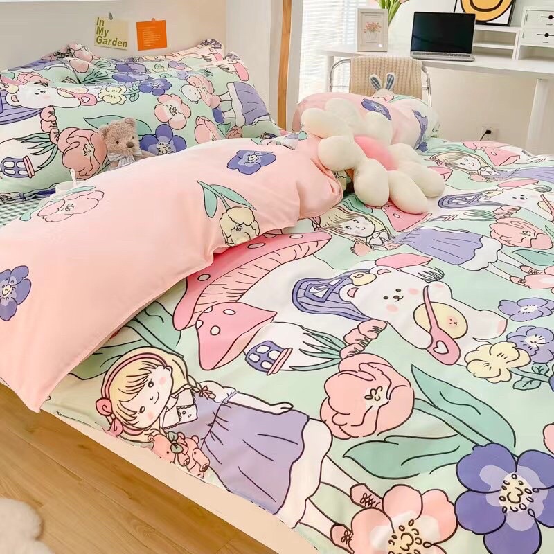 BỘ CHĂN GA GỐI COTTON POLY HÀN QUỐC CÔ BÉ RỪNG HOA