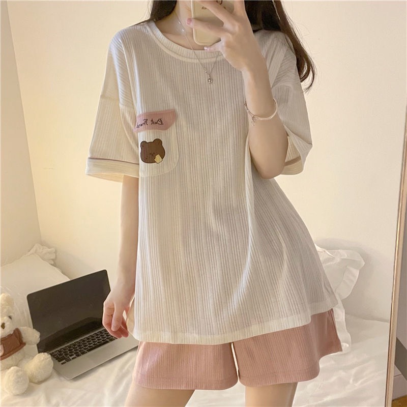 (Mẫu In) Bộ Mặc Nhà Bộ Đồ Cotton Gân Trẻ Trung Siêu Hót 2022 Túi Gấu Mẫu In