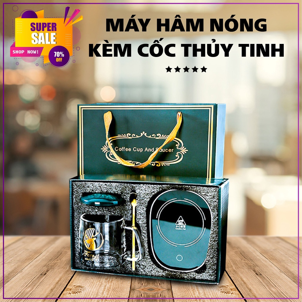 BỘ cốc hâm nóng Ly thủy tinh kèm đế điện hâm nóng  bằng sứ cafe, sữa, trà Tặng kèm thìa mạ vàng