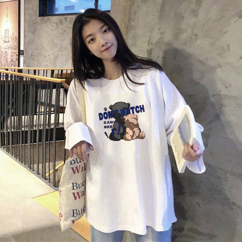 Áo Thun Cotton Tay Dài Dáng Suông Dễ Phối Đồ Thời Trang Phong Cách Hàn Quốc Cho Nữ