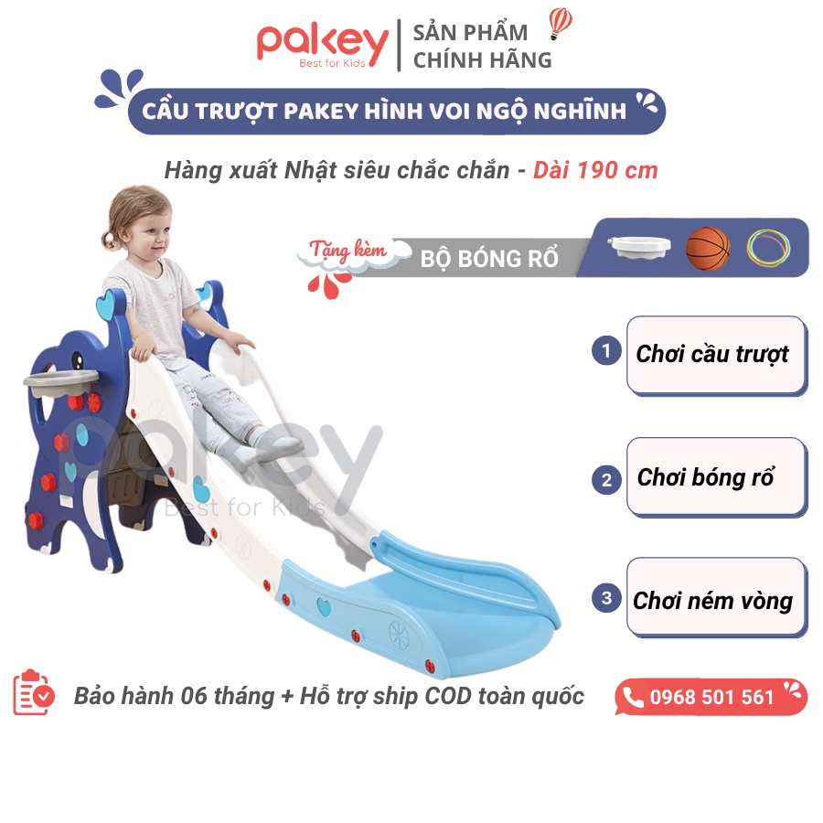 Cầu trượt voi Pakey, cầu trượt cho bé TẶNG KÈM BÓNG RỔ + NÉM VÒNG, nâng cấp bậc khép kín an toàn