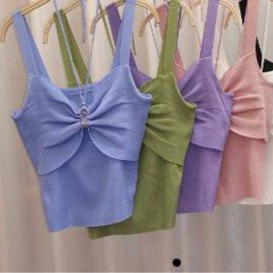 Áo Dệt Kim Hai Dây Ngắn Màu Trơn Khoét Lỗ Phong Cách Hàn Quốc Cho Nữ