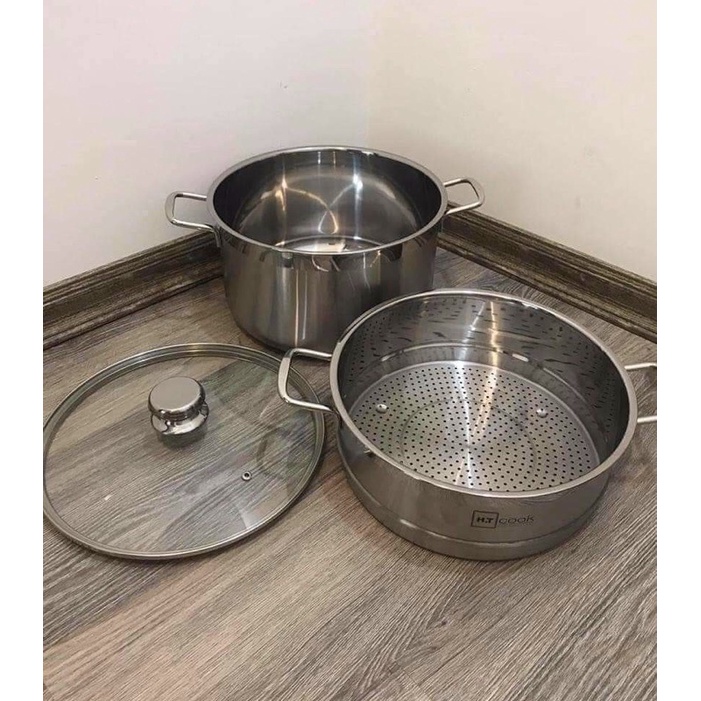 Bộ nồi xửng hấp Inox 1 đáy nắp kính H.T Cook HTNX28001 28cm sử dụng bếp từ