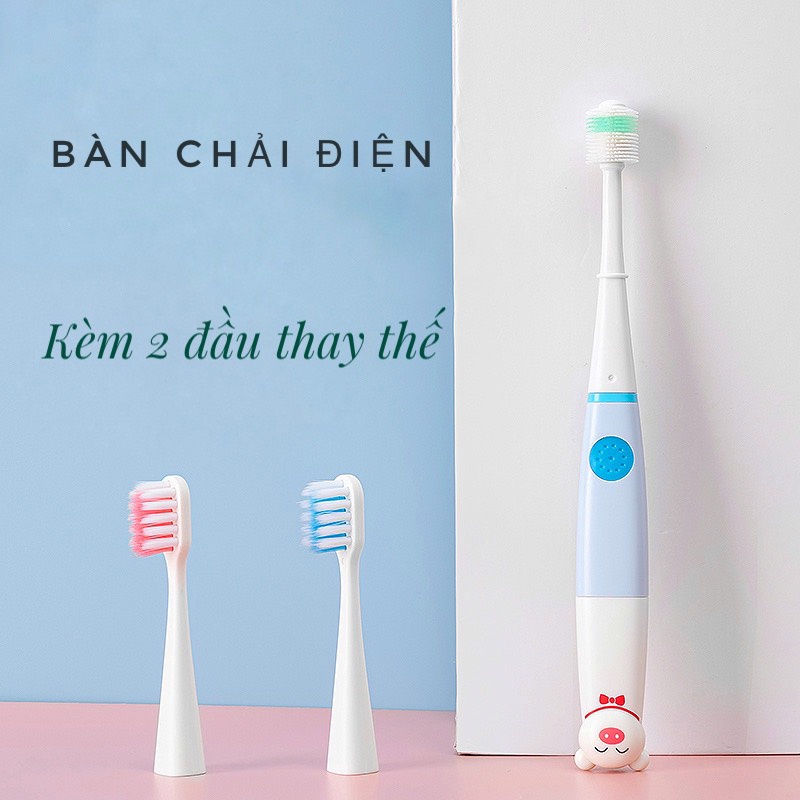 Bàn chải đánh răng tự động, bàn chải điện cho bé xoay 360 độ kèm 2 đầu thay thế