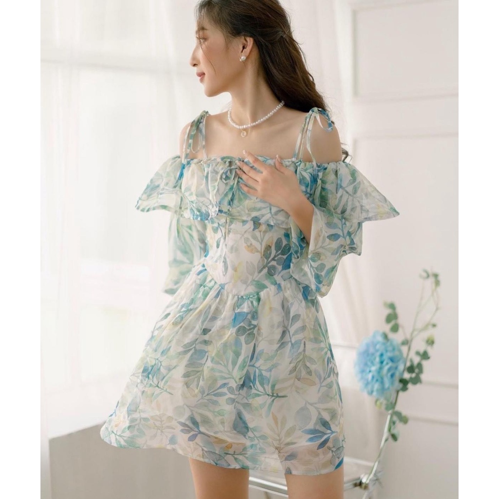 Váy đầm hoa trễ vai dáng xòe ngắn tay bồng M151