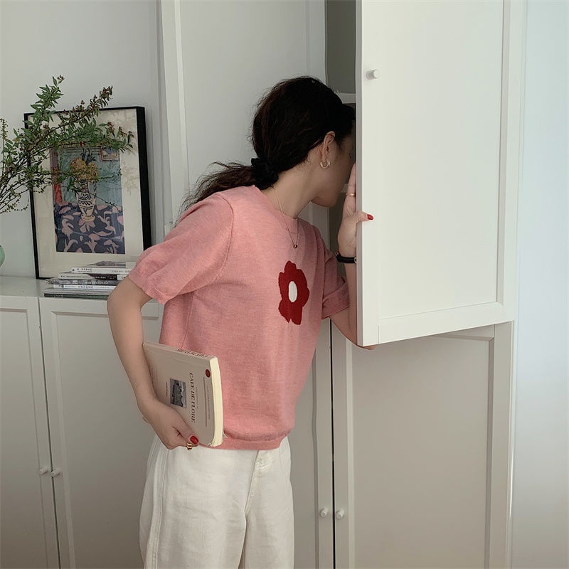 Áo Sweater Dệt Kim Tay Ngắn Cổ Tròn In Hoa Hồng Dễ Thương Kiểu Hàn Quốc