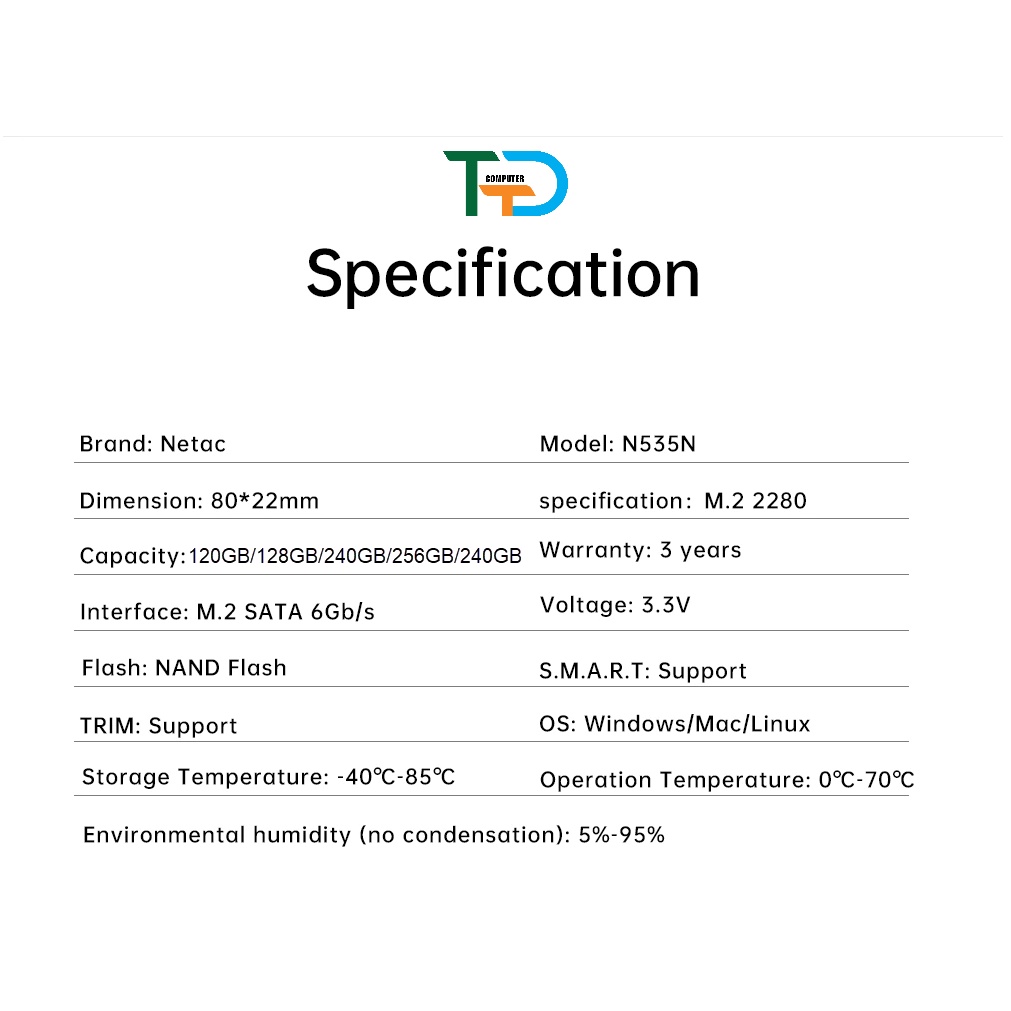 Ổ cứng SSD Netac M2.SATA 128Gb/256Gb/512Gb. Bảo hành 3 năm