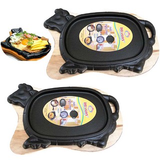 Set 2 Chảo Gang Làm Bò Bít Tết Kèm Đế Gỗ Chống Dính Loại Trung