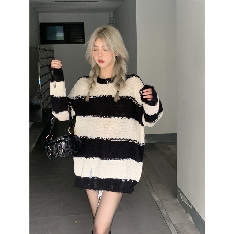 Porozi  Áo sweater dệt kim tay dài hoạ tiết kẻ sọc phong cách Hàn Quốc