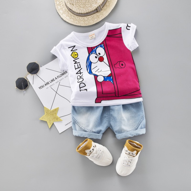 Set áo thun ngắn tay cổ tròn in hình doraemon và quần short denim xinh xắn cho bé