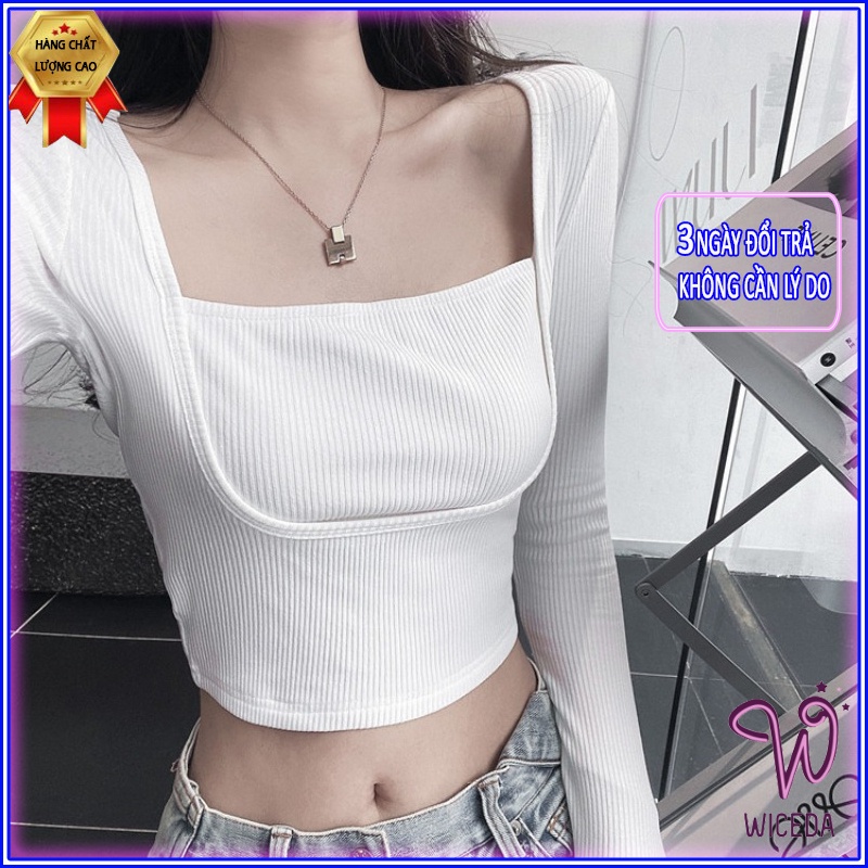 Áo croptop tay dài cổ vuông đẹp,áo kiểu xinh chất len tăm nâng ngực 2 màu đen trắng Wiceda AN301