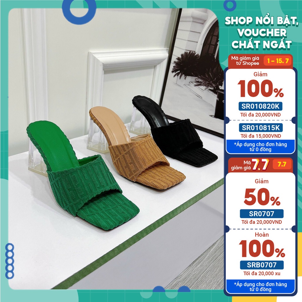 Guốc Nữ, Dép Cao Gót 7p Chất Nhung Mềm Họa Tiết Nổi Phối Gót Mica Trong Lên Chân Cực Xinh - Chị Chảnh Store