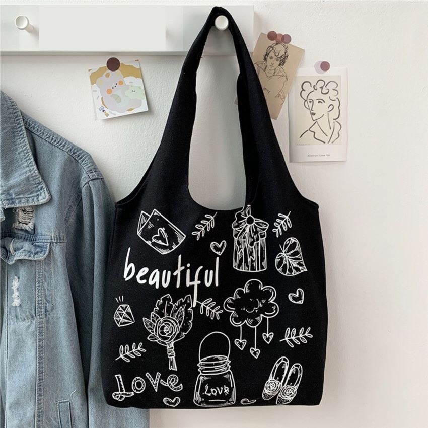 Túi tote vải canvas liền thân đeo vai đựng đồ đi học đi chơi thời trang