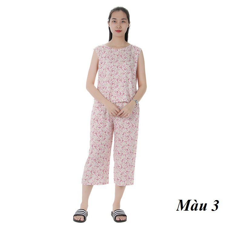 Bộ mặc nhà lanh (tole) chéo Hàn Vicci BST.086, thiết kế áo sát nách phối quần sớ trẻ, họa tiết hoa nhí