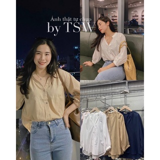 Áo sơ mi nữ dài tay đũi linen cổ tàu from rộng - The Sweater Weather
