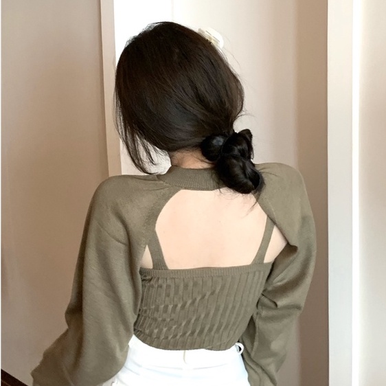 Porozi  Áo len nữ cổ tròn hở lưng phong cách Hàn Quốc