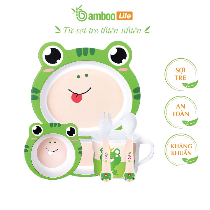 Khay ăn dặm cho bé sợi tre Bamboo Life BL040 gồm 5 chi tiết gồm thìa, dĩa, khay, bát, cốc dành cho trẻ em