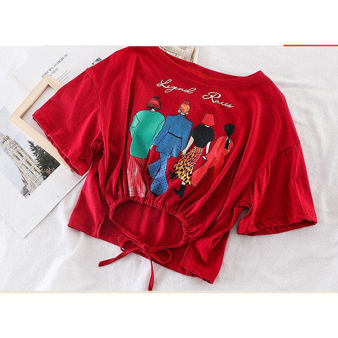 Áo T-shirt nữ, cổ tròn, họa tiết chữ cái, hình graffiti, dây rút