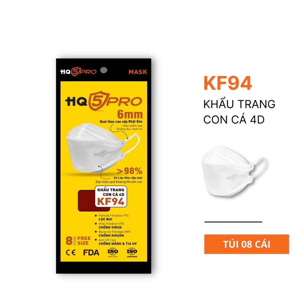 Khẩu Trang KF94 - N95 HQ5PRO màu trắng quai thun đeo không đau vành tai
