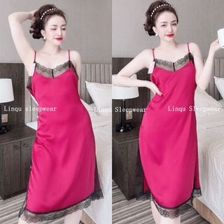 Váy ngủ sexy 2 dây gợi cảm chất lụa satin phối ren dáng suông mềm mát mặc ngủ gợi cảm Freesize- Linqu Store