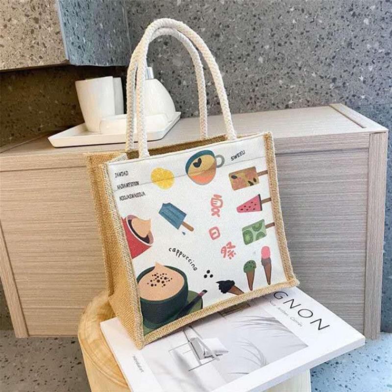 Túi Cói Vintage Đi Biển Phong Cách Hàn Quốc Hoạ Tiết Hoạt Hình Siêu Đáng Yêu