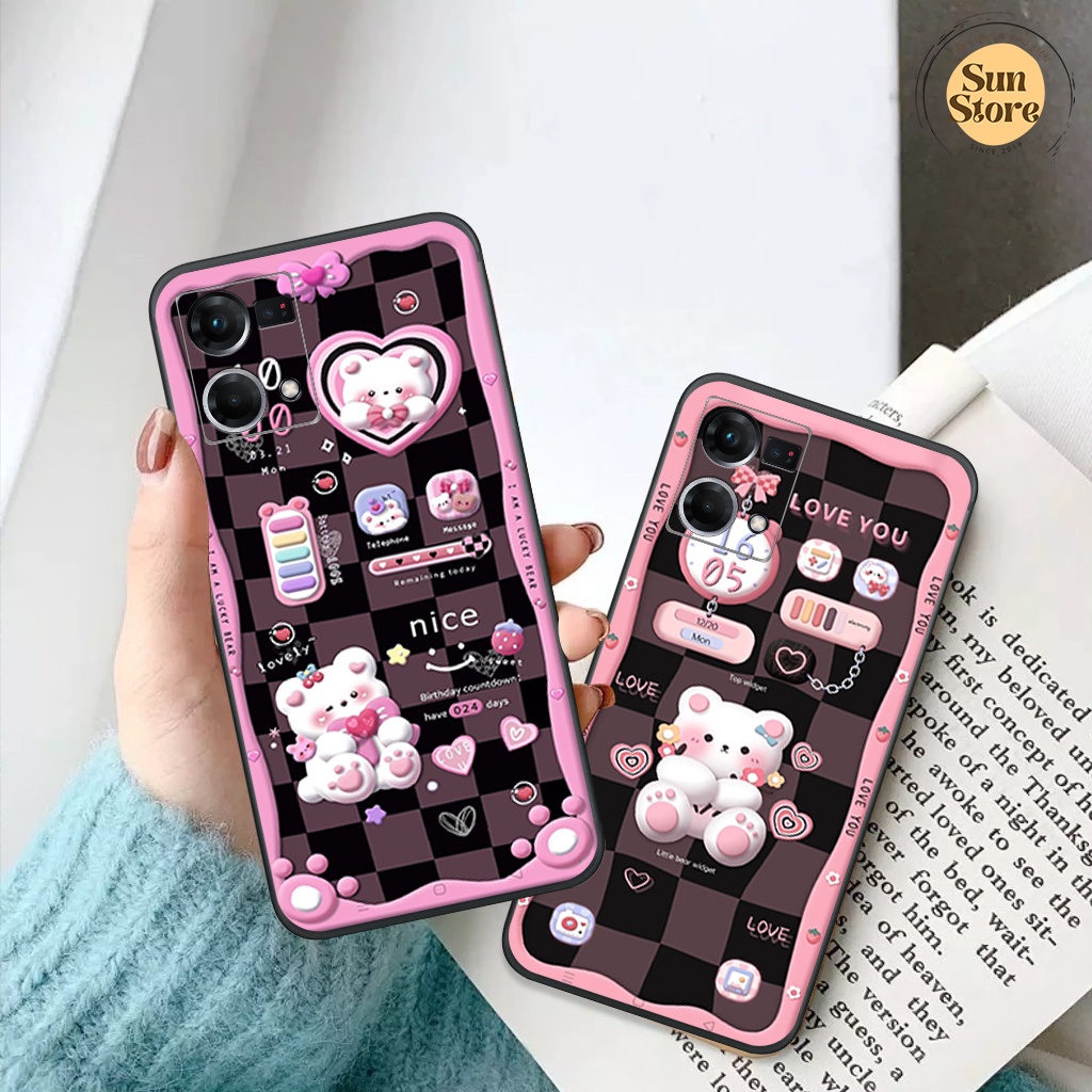 Ốp lưng Oppo Reno 7 / Reno 7 4G hoạ tiết 3D nền kẻ caro, gấu đáng yêu viền dẻo