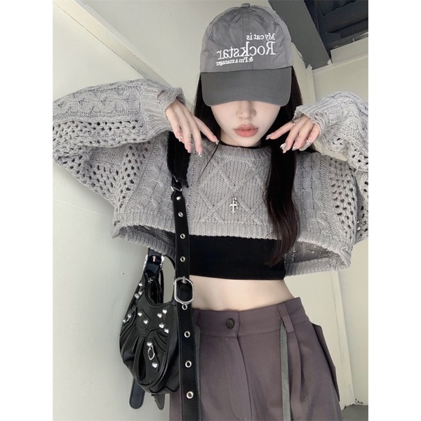 Set áo len nữ dáng ngắn croptop xám vặn thừng và quần cargo túi hộp ống rộng cạp cao hot ulzzang