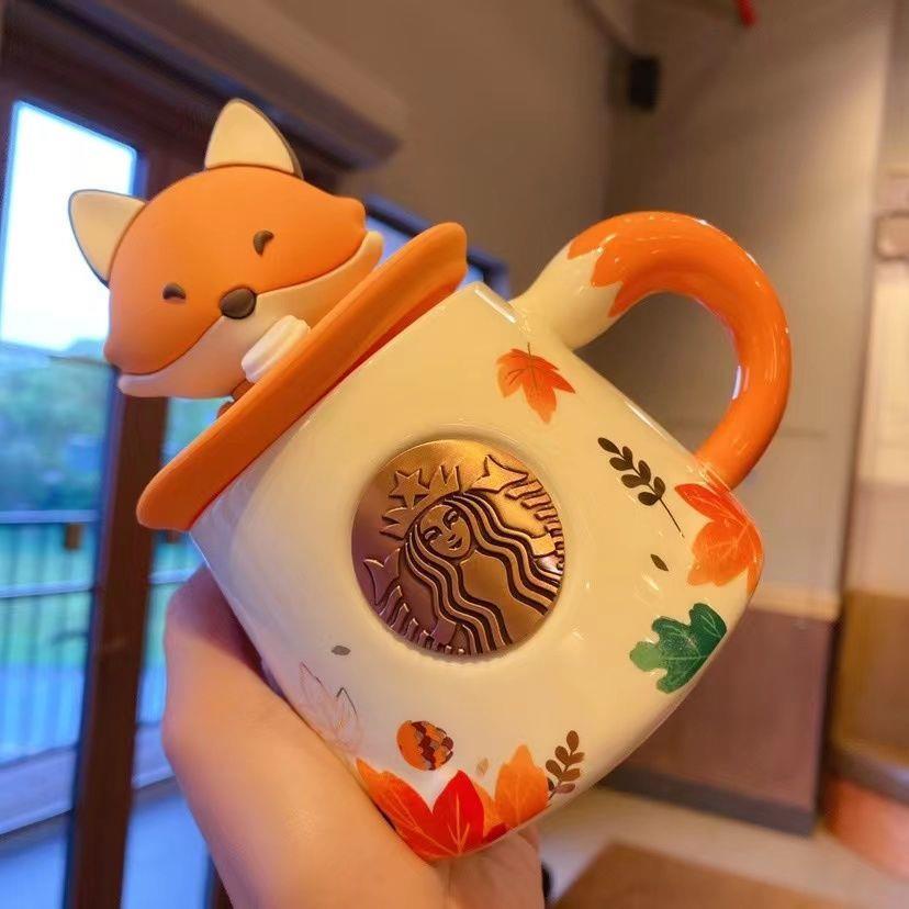 Ly Uống Nước Starbucks Bằng Gốm In Họa Tiết Lá Phong Có Nắp Đậy Làm Quà Tặng Ngày Lễ Tình Nhân Cho Nam Và Nữ